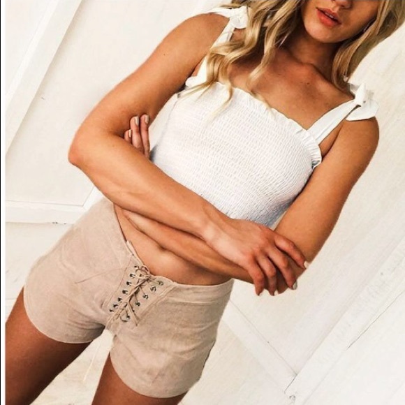 ‘Bocca’ Ruffle Smocked Crop Top w/ Shoulder Ties - Picture 5 of 6